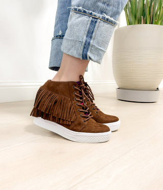 Nick Fringe Sneaker Wedge in Brown - Glamourous Grace