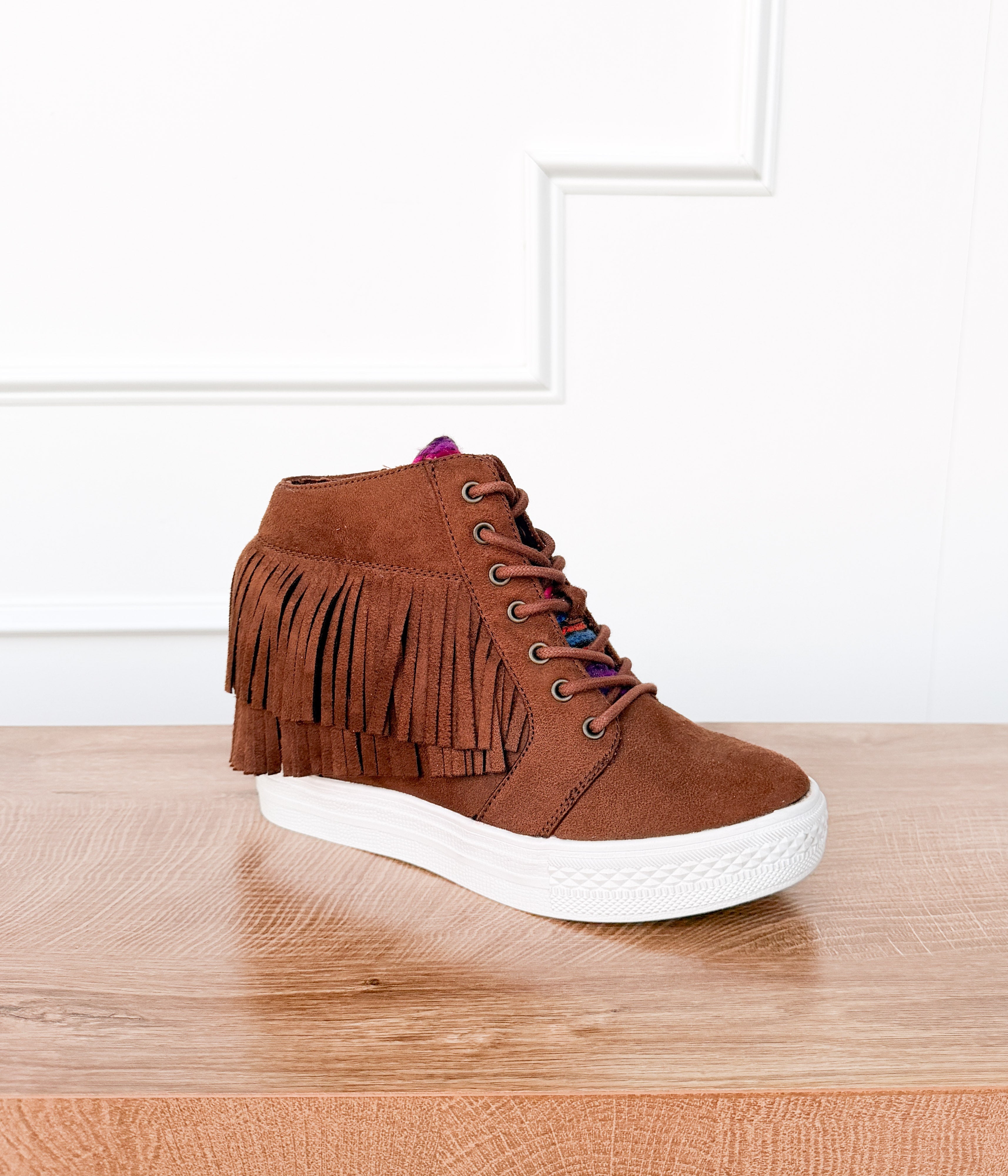 Nick Fringe Sneaker Wedge in Brown - Glamourous Grace
