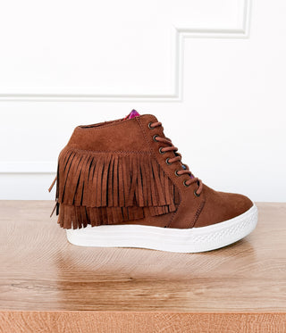 Nick Fringe Sneaker Wedge in Brown - Glamourous Grace