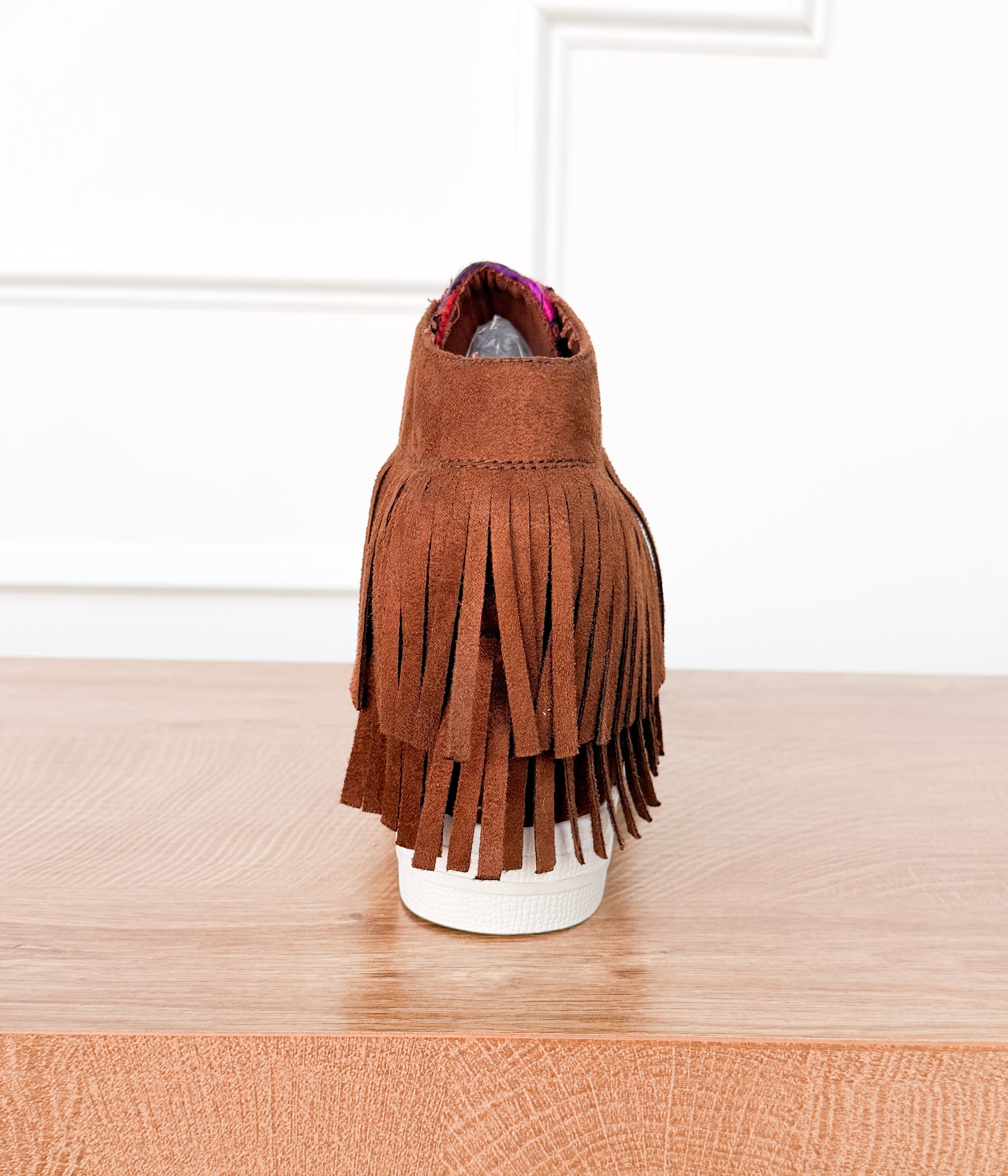 Nick Fringe Sneaker Wedge in Brown - Glamourous Grace
