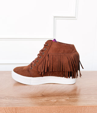 Nick Fringe Sneaker Wedge in Brown - Glamourous Grace