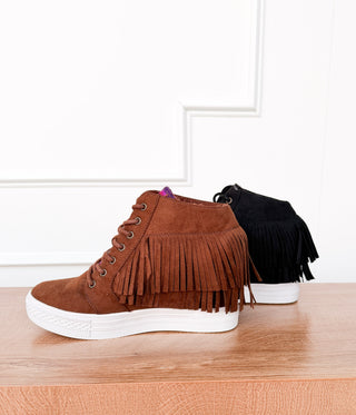 Nick Fringe Sneaker Wedge in Brown - Glamourous Grace