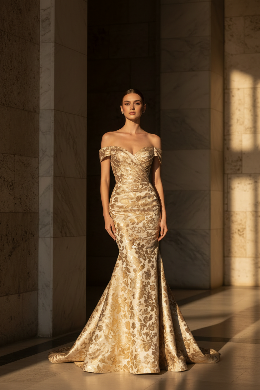 Off Shoulder Brocade Mermaid - Dark Marble Setting