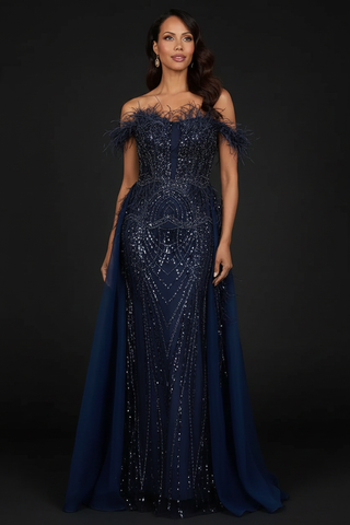 Off Shoulder Gown with Feathers - Glamourous Grace