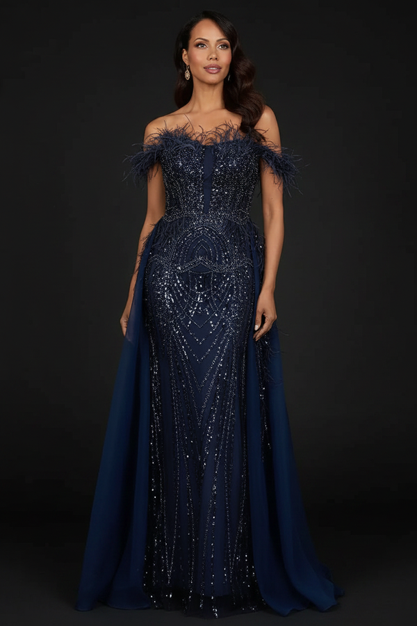 Off Shoulder Gown with Feathers - Glamourous Grace