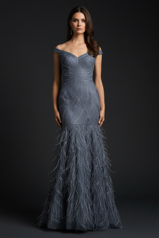 Off Shoulder Mermaid Beaded Gown with Feathers - Glamourous Grace