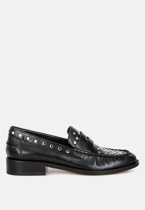 Oglavia Studs Embellished Leather Loafers - Glamourous Grace