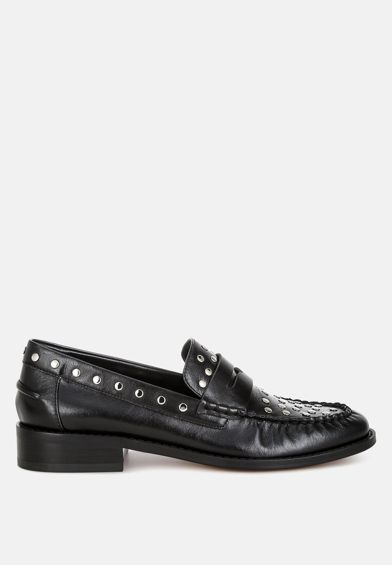 Oglavia Studs Embellished Leather Loafers - Glamourous Grace