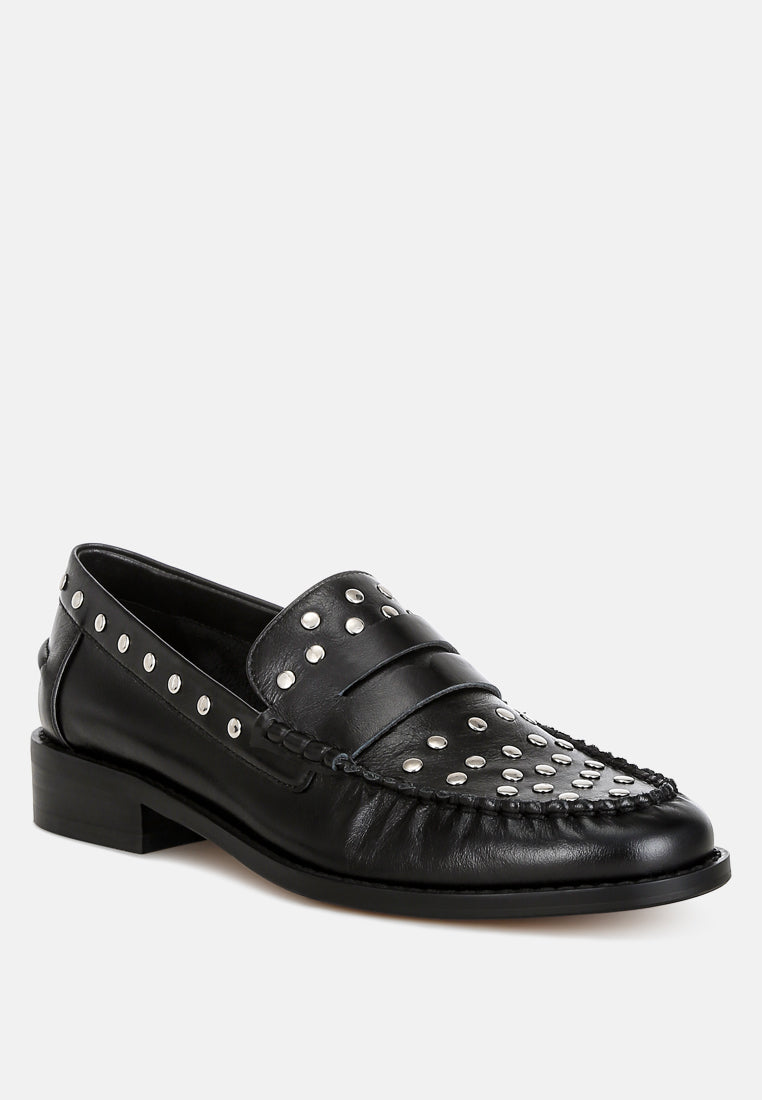 Oglavia Studs Embellished Leather Loafers - Glamourous Grace