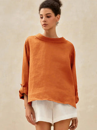 LINTICO 100% linen draped neck blouse, stylish top with flowing fabric and relaxed fit, perfect for casual or summer wear.