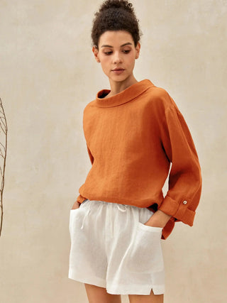 LINTICO 100% linen draped neck top, stylish blouse with relaxed fit, soft linen fabric, and elegant drape design.