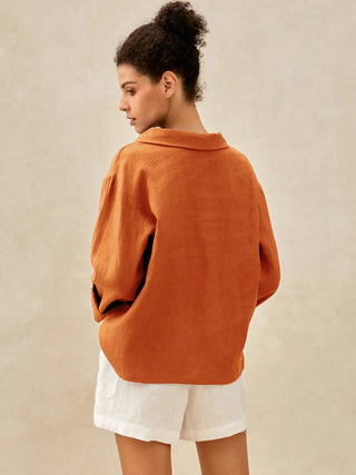LINTICO 100% linen draped neck blouse with long sleeves and relaxed fit, stylish top perfect for casual and office wear.
