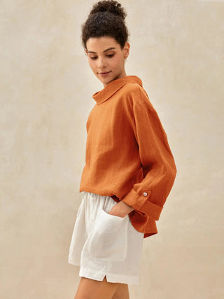 LINTICO 100% linen draped neck top, stylish blouse with relaxed fit, lightweight linen fabric, light color, and elegant drape.