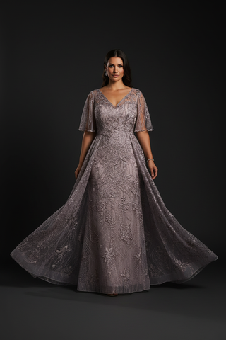 Lara 28880- Overskirt Lace Fitted V-Neck Gown with Cape Sleeves - Glamourous Grace