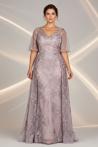 Lara 28880- Overskirt Lace Fitted V-Neck Gown with Cape Sleeves - Glamourous Grace