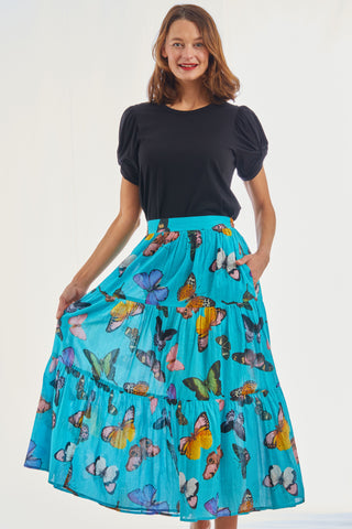 Woodstock Turquoise Butterfly Pull On Flounce Skirt - Glamourous Grace
