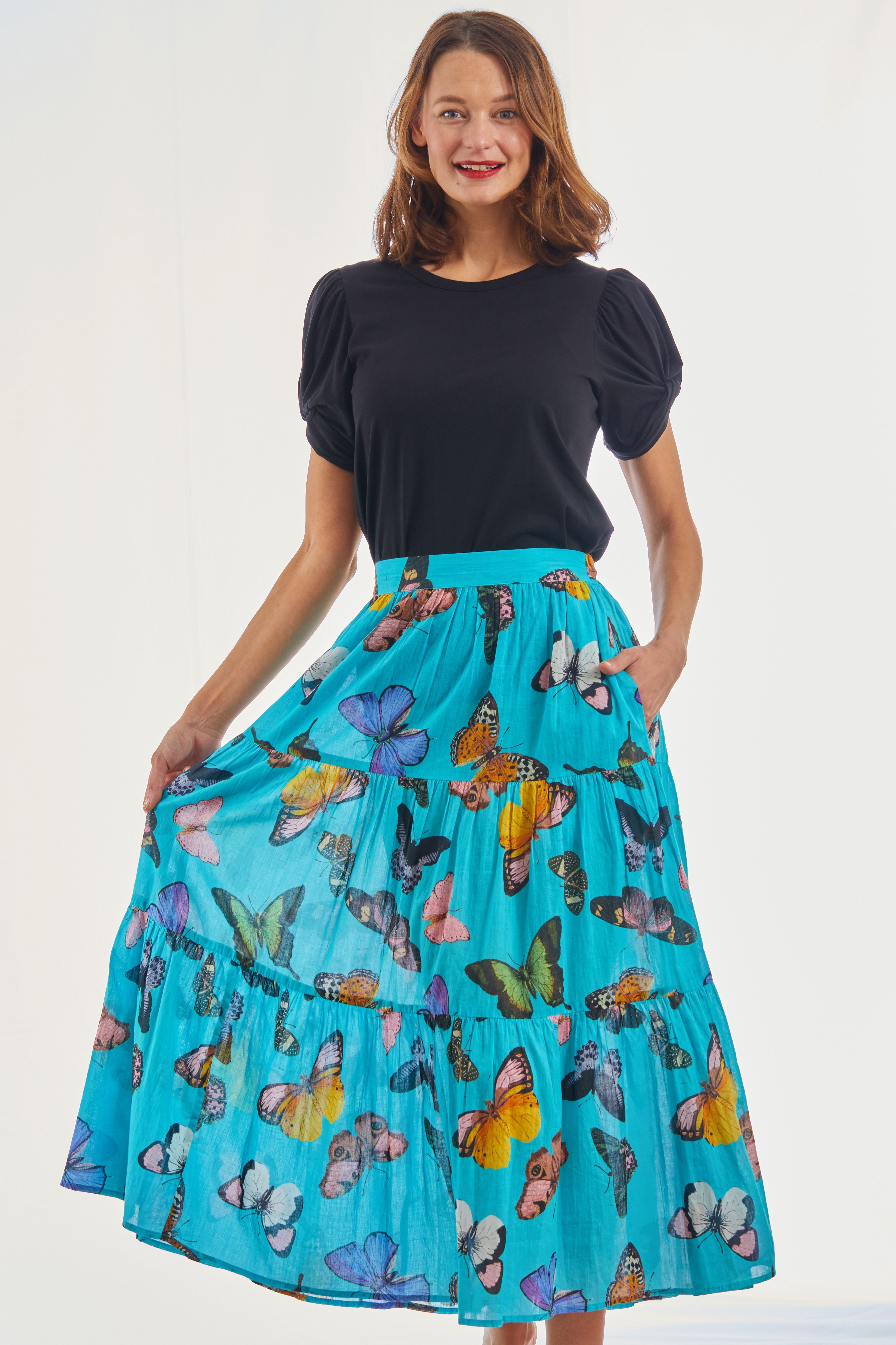Woodstock Turquoise Butterfly Pull On Flounce Skirt - Glamourous Grace