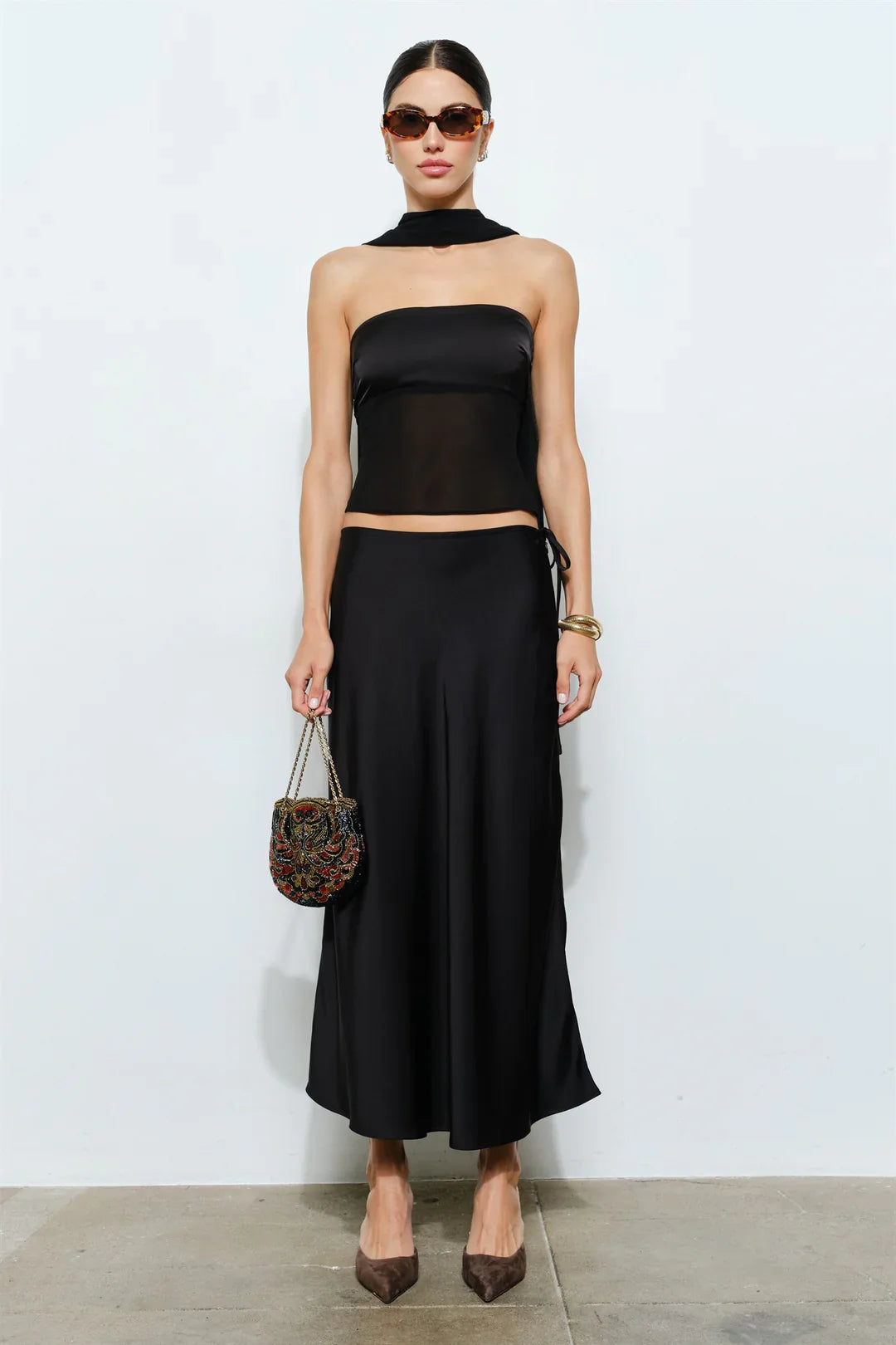 Calliope Black Strapless Scarf Top - Glamourous Grace