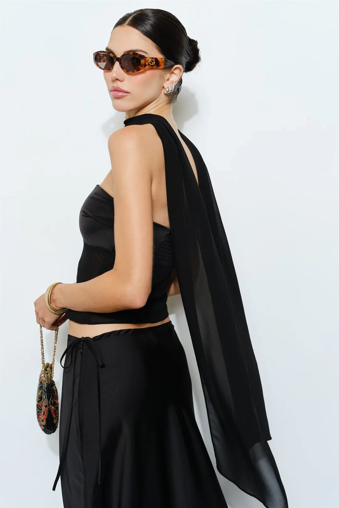 Calliope Black Strapless Scarf Top - Glamourous Grace