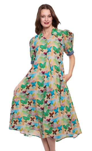 Montauk Dress Linen Cotton Neutral Butterfly Print - Glamourous Grace