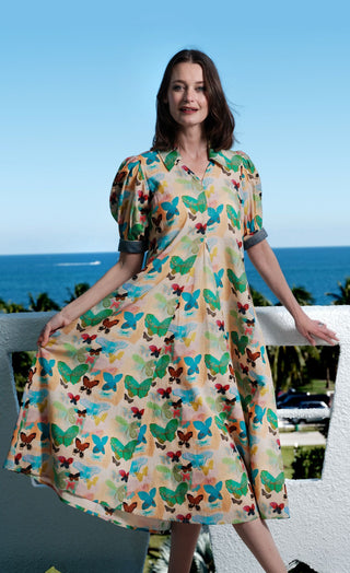 Montauk Dress Linen Cotton Neutral Butterfly Print - Glamourous Grace