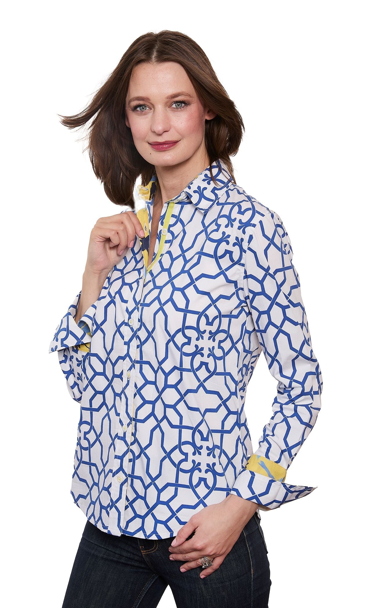 Rome Shirt Navy White Geo Print Cotton Sateen with Stretch - Glamourous Grace