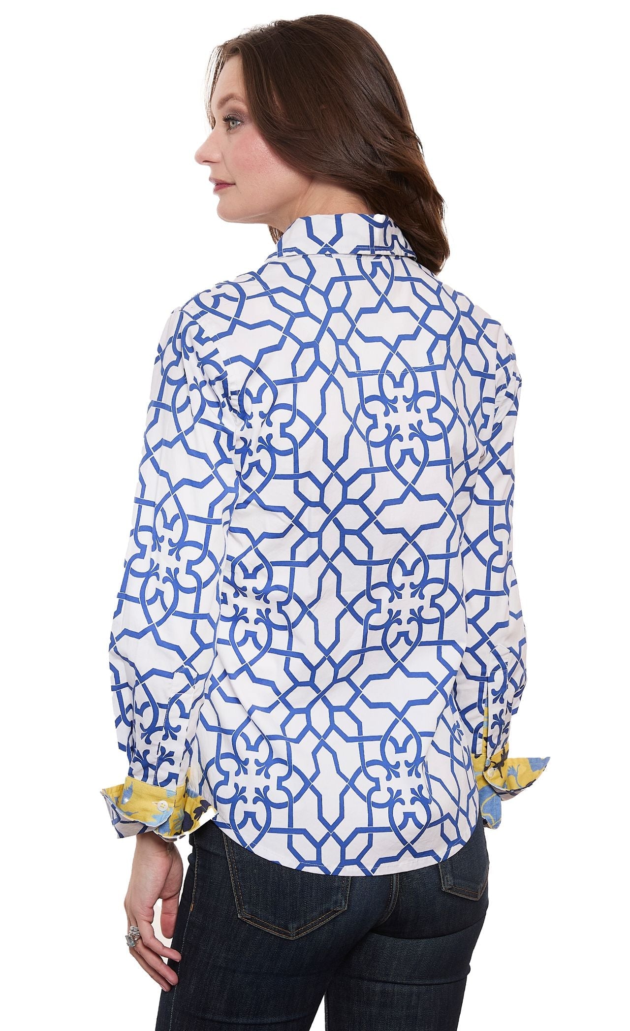 Rome Shirt Navy White Geo Print Cotton Sateen with Stretch - Glamourous Grace