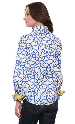 Rome Shirt Navy White Geo Print Cotton Sateen with Stretch - Glamourous Grace