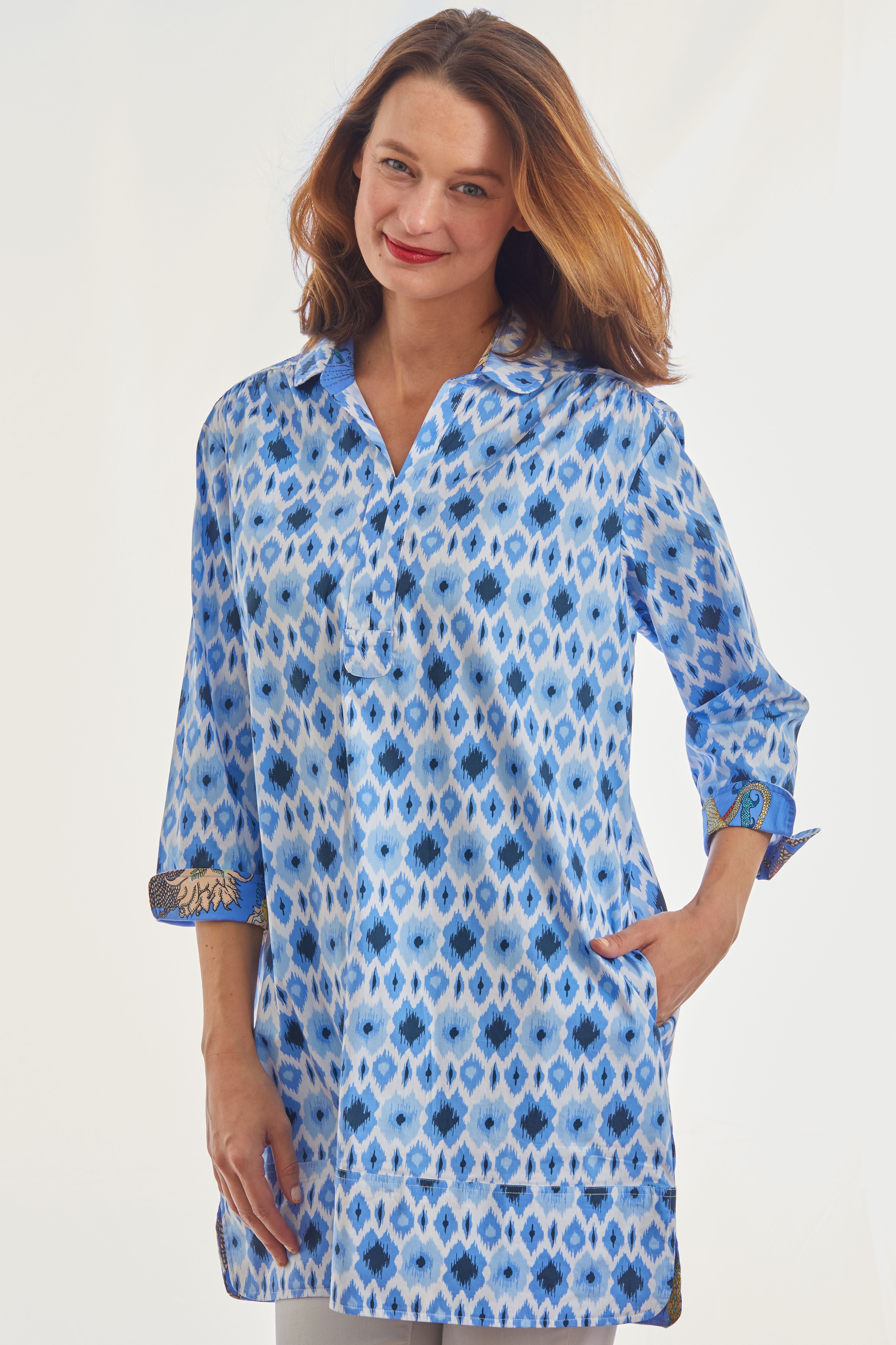 Vail Tunic Blue Ikat Print - Glamourous Grace