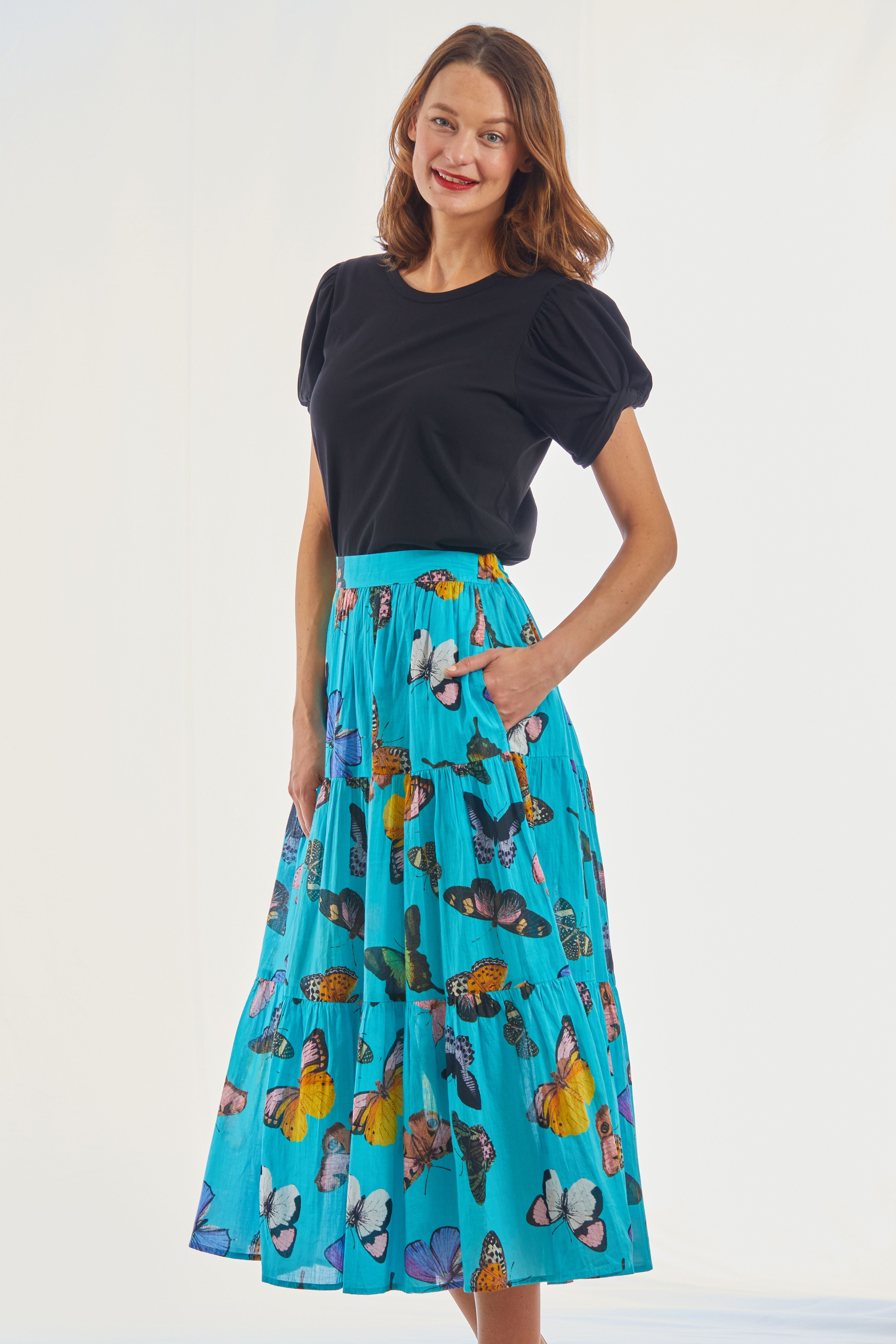 Woodstock Turquoise Butterfly Pull On Flounce Skirt - Glamourous Grace