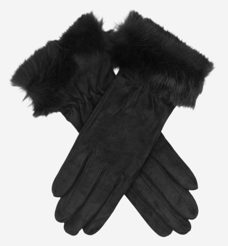 PA4125 (black) - Women's Italian suede gloves with merino wool lining and rabbit fur cuff - Glamourous Grace