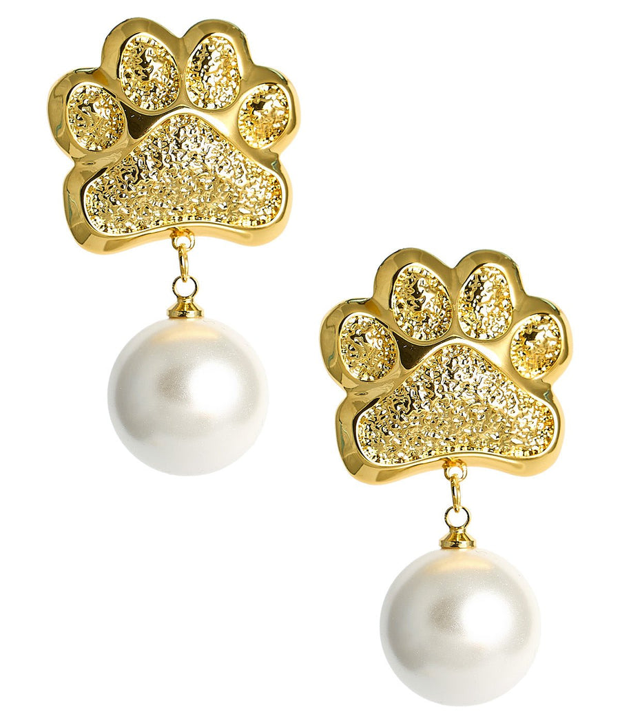 Paw Print Pearl Drop Earring - Gold Earring - Glamourous Grace