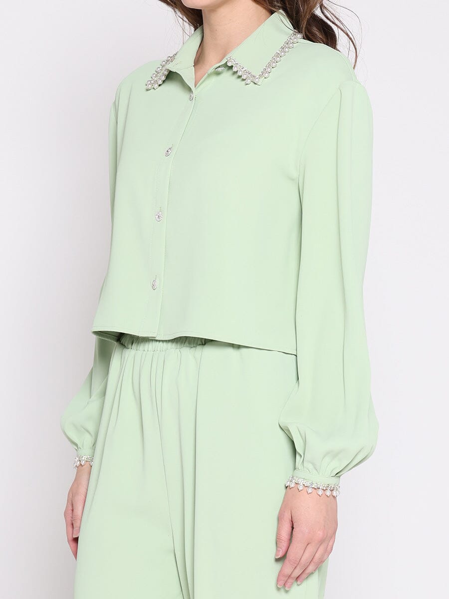 Pearl Beaded Long Sleeve Cropped Top - Glamourous Grace