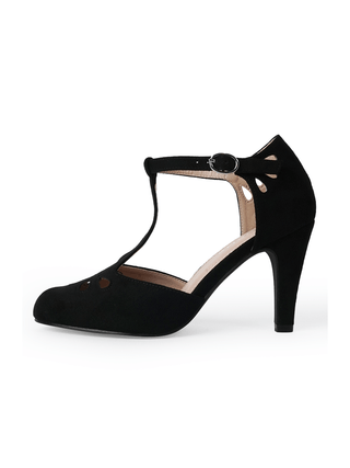 Black suede heeled shoes from J.Adams, featuring a sleek design and pointed toe, perfect for stylish occasions.