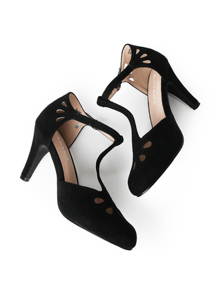 Black suede heels by J.Adams featuring a stylish, pointed toe design and elegant stiletto heel.