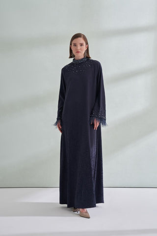 Nadia Feather Trim Beaded Abaya - Neckline detail 2