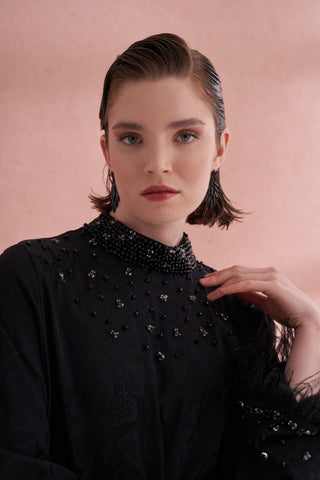 Nadia Feather Trim Beaded Abaya - Navy side view 2