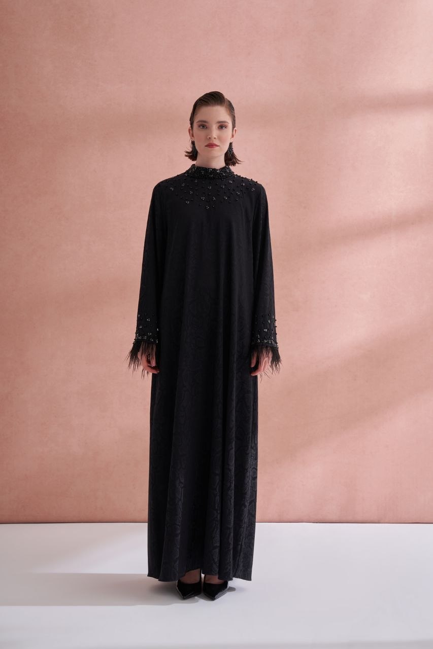 Nadia Feather Trim Beaded Abaya - Navy front view 2