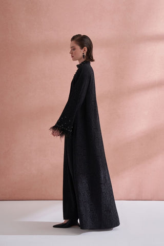 Nadia Feather Trim Beaded Abaya - Navy front view