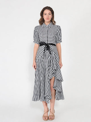 Plaid Pattern Asymmetrical Ruffle Midi Dress