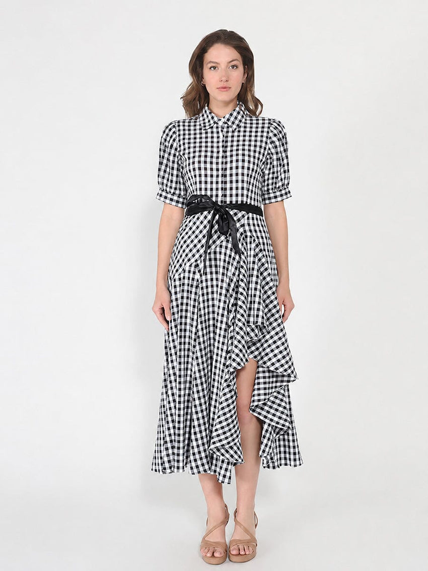 Plaid Pattern Asymmetrical Ruffle Midi Dress