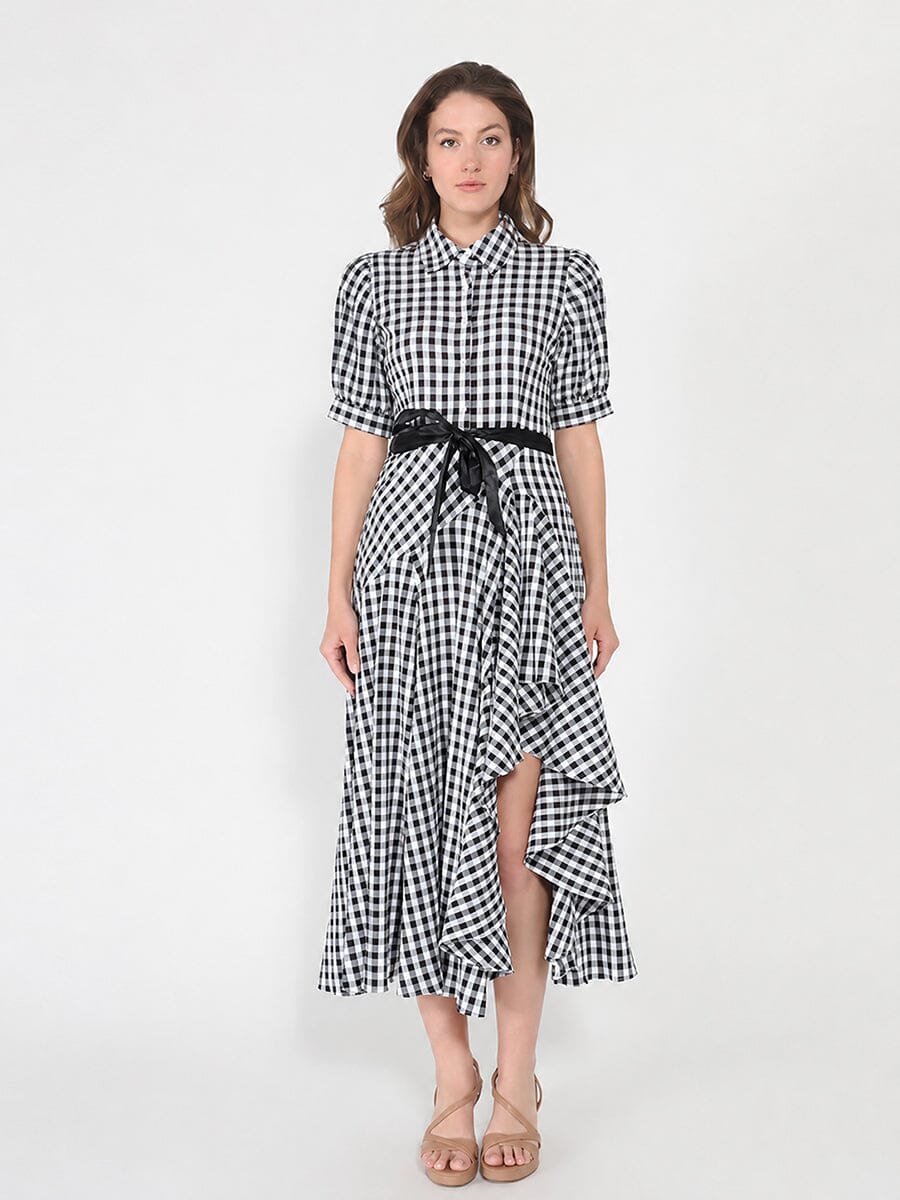 Plaid Pattern Asymmetrical Ruffle Midi Dress - Glamourous Grace