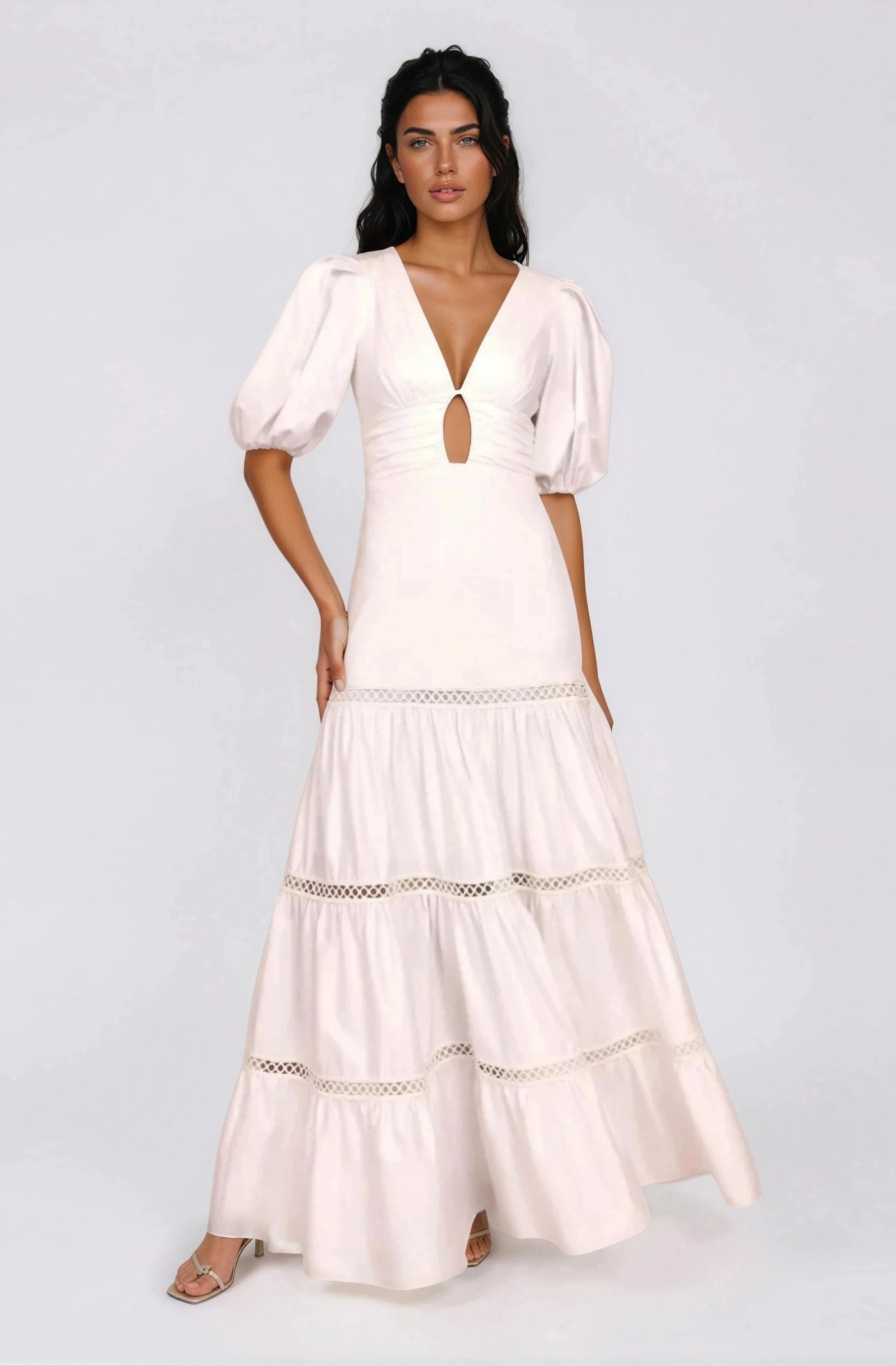 Plunge Sleeve Long Dress – White (Final Sale) - Glamourous Grace
