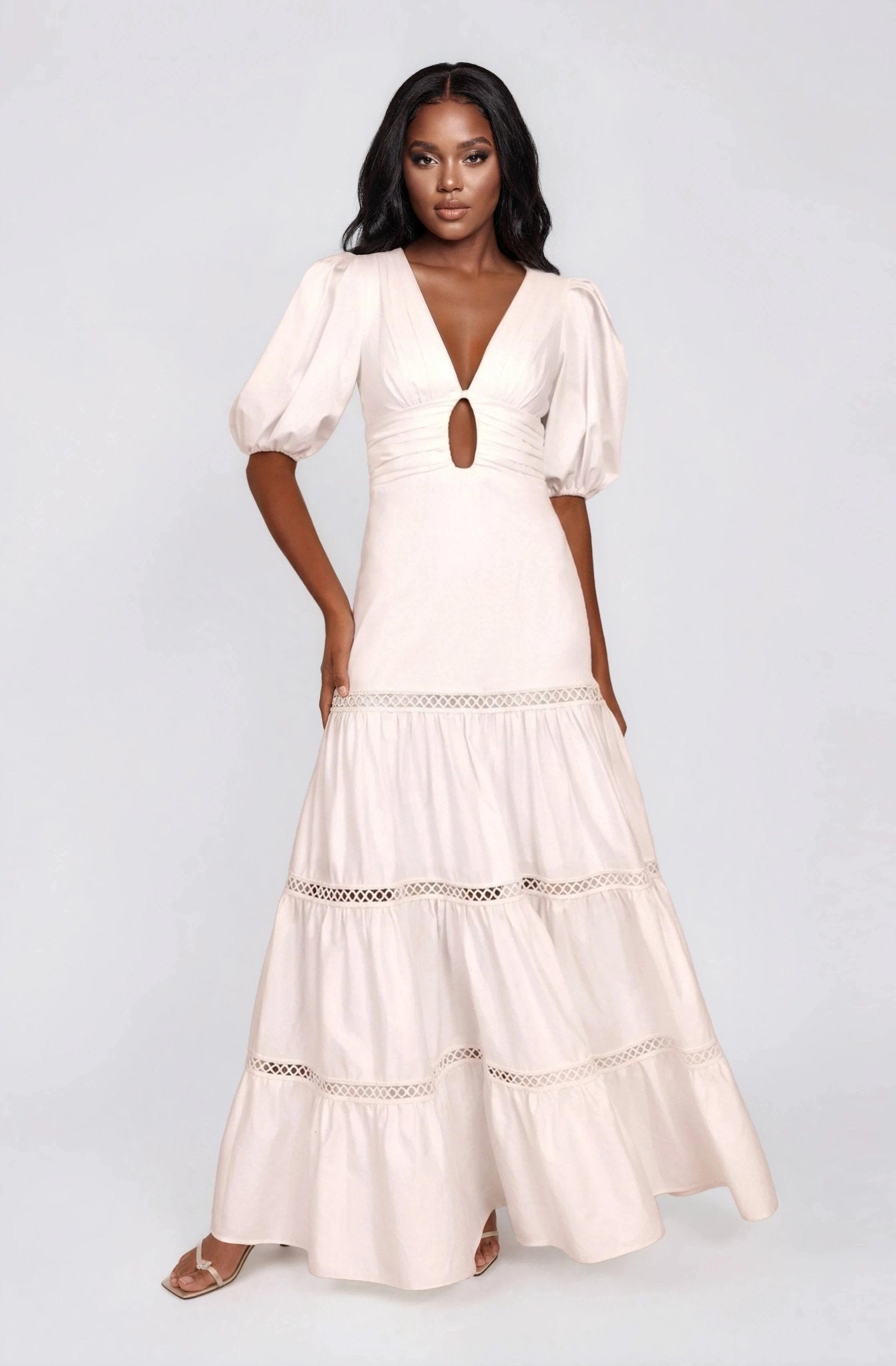 Plunge Sleeve Long Dress – White (Final Sale) - Glamourous Grace