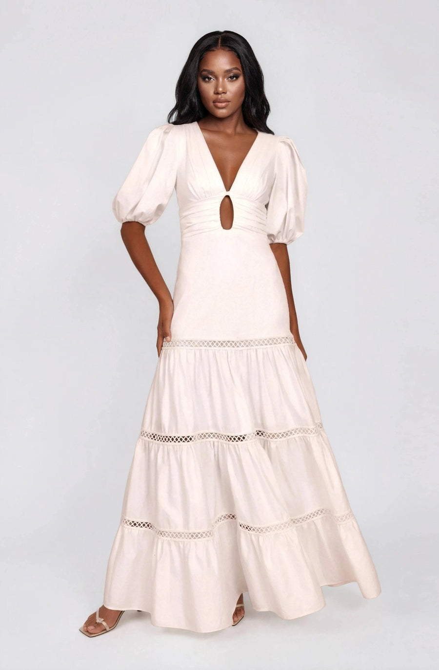 Plunge Sleeve Long Dress – White (Final Sale) - Glamourous Grace