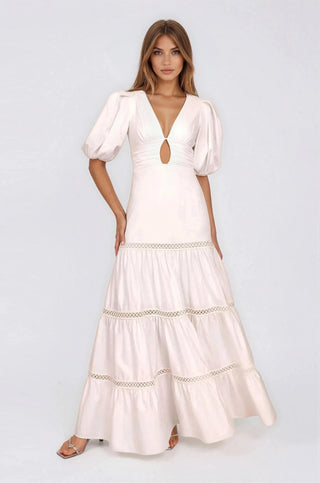 Plunge Sleeve Long Dress – White (Final Sale) - Glamourous Grace