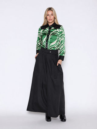 Print & Pleather Spliced Button-Down Shirt Top