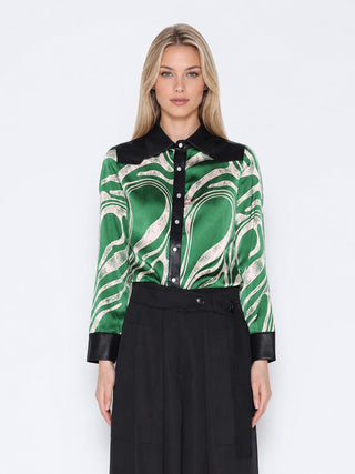 Print & Pleather Spliced Button-Down Shirt Top