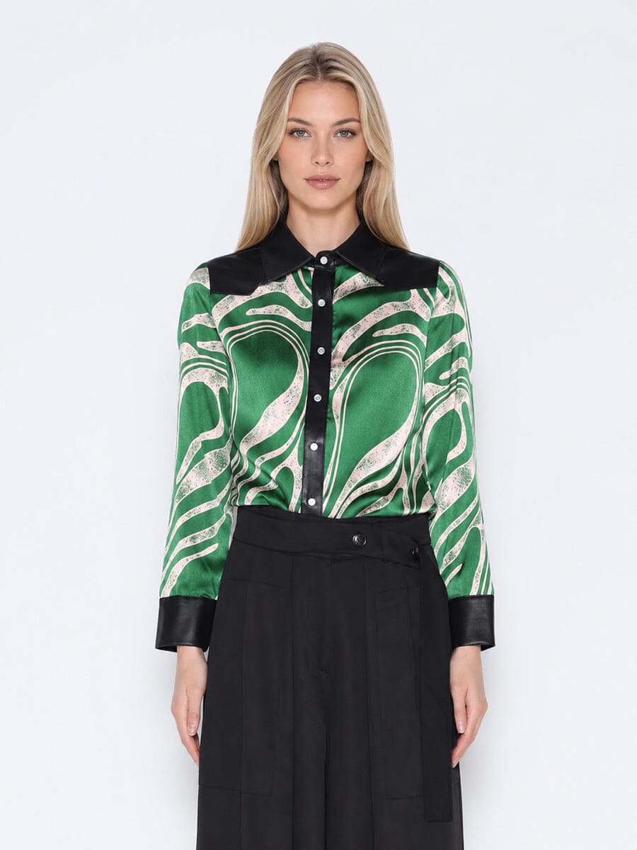 Print & Pleather Spliced Button-Down Shirt Top - Glamourous Grace