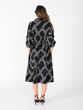 Printed shirt collar elastic waist dress